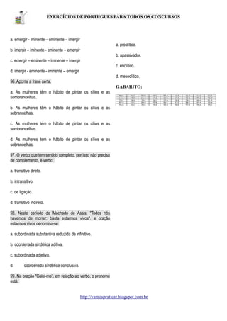 EXERCÍCIOS DE PORTUGUES PARA TODOS OS CONCURSOS

a. emergir - iminente – eminente – imergir
a. proclítico.
b. imergir – iminente - eminente – emergir
b. apassivador.
c. emergir – eminente – iminente – imergir
c. enclítico.
d. imergir - eminente - iminente – emergir
d. mesoclítico.
96. Aponte a frase certa.
GABARITO:
a. As mulheres têm o hábito de pintar os sílios e as
sombrancelhas.
b. As mulheres têm o hábito de pintar os cílios e as
sobrancelhas.
c. As mulheres tem o hábito de pintar os cílios e as
sombrancelhas.
d. As mulheres tem o hábito de pintar os sílios e as
sobrancelhas.
97. O verbo que tem sentido completo, por isso não precisa
de complemento, é verbo:
a. transitivo direto.
b. intransitivo.
c. de ligação.
d. transitivo indireto.
98. Neste período de Machado de Assis, "Todos nós
havemos de morrer; basta estarmos vivos", a oração
estarmos vivos denomina-se:
a. subordinada substantiva reduzida de infinitivo.
b. coordenada sindética aditiva.
c. subordinada adjetiva.
d.

coordenada sindética conclusiva.

99. Na oração "Calei-me", em relação ao verbo, o pronome
está:
http://vamospraticar.blogspot.com.br

 