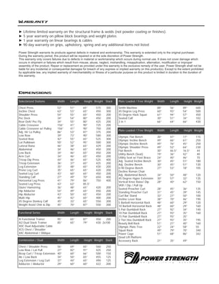 Warranty
Dimensions
► Lifetime limited warranty on the structural frame & welds (not powder coating or finishes).
► 5 year warranty on pillow block bearings and weight plates
► 1 year warranty on linear bearings & cables
► 90 day warranty on grips, upholstery, spring and any additional items not listed
Power Strength warrants its products against defects in materal and workmanship. This warranty is extended only to the original purchaser.
During the warranty period, this product will be repaired or at the sole discretion of Power Strength.
This warranty only covers failures due to defects in material or workmanship which occurs during normal use. It does not cover damage which
occurs in shipment or failures which result from misuse, abuse, neglect, mishandling, misapplication, alternation, modification or improper
assembly of the product. Repair or replacement as provided under this warranty is the exclusive remedy of the user. Power Strength shall not be
liable for any incidental or consequential damages for breach of any express or implied warranty on this product(s). Except to the extent prohibited
by applicable law, any implied warranty of merchantability or fitness of a particular purpose on this product is limited in duration to the duration of
this warranty.
Selectorized Stations Width Length Height Weight Stack
Chest Press 53” 51” 65” 575 300
Incline Chest 63” 53” 65” 450 300
Shoulder Press 54” 55” 65” 450 200
Pec Deck 34” 54” 80” 450 200
Rear Delt/ Pec Fly 34” 55” 80” 425 200
Cable Crossover 156” 41” 90” 725 200
Cable Crossover w/ Pulley 156” 41” 90” 750 200
Adj. Hi/ Lo Pulley 86” 53” 87” 375 200
Low Row 39” 73” 90” 580 300
Seated Row 42” 55” 65” 525 300
Lat Pulldown 50” 52” 95” 500 300
Lateral Raise 46” 38” 65” 429 200
Abdominal 34’ 46” 65” 450 200
Low Back 34” 46” 65” 450 200
Arm Curl 34” 46” 65” 450 200
Tricep Dip Press 44” 46” 65” 525 400
Tricep Extension 36” 37” 65” 425 200
Leg Extension 35” 48” 65” 430 200
Prone Leg Curl 35” 65” 65” 420 200
Seated Leg Curl 43” 60” 65” 450 200
Standing Calf 27” 49” 70” 650 400
Horizontal Leg Press 41” 79” 86” 750 400
Seated Leg Press 43” 63” 85.5”
Glute/ Hamstring 36” 48” 65” 420 200
Hip Adductor 54” 49” 65” 450 200
Hip Abductor 43” 50” 65” 450 200
Multi Hip 45” 42” 65” 400 200
45 Degree Donkey Calf 45” 33” 65” 550 200
Weight Assist Chin & Dip 45” 70” 87” 550 200
Xi Functional Trainer 95” 65” 87” 450 200
Xi2 Dual Stack Trainer 85” 65” 79” 430 2x100
XDC Dual Adjustable Cable
XCS Chest / Shoulder
XAC Abdominal / Oblique
Smith Machine 88” 56” 89” 600
45 Degree Leg Press 60” 93” 54” 500
45 Degree Hack Squat 61” 94” 57” 450
Seated Calf 30” 51” 34” 102
3 in 1 66” 64” 66” 430
Plate Loaded / Free Weight Width Length Height Weight
Functional Series Width Length Height Weight Stack
Combination / Dual Width Length Height Weight Stack
Chest / Shoulder Press 56” 69” 65” 560 250
Low Row / Lat Pull 27” 82” 91” 425 250
Bicep Curl / Tricep Extension 40” 60” 66” 500 150
Ab / Low Back 34” 50” 65” 455 125
Leg Extension / Leg Curl 37” 44” 65” 490 125
Adductor / Abductor 29” 60” 60” 422 200
Plate Loaded / Free Weight Width Length Height Weight
Olympic Flat Bench 30” 47” 17” 115
Olympic Incline Bench 49” 66” 61” 250
Olympic Decline Bench 49” 76” 45” 250
Olympic Shoulder Press 49” 52” 64” 230
Flat Bench 30” 46.5” 16.5” 44
Utility Bench (Seat) 19” 36” 42” 40
Utility Seat w/ Foot Brace 24” 40” 46” 70
Adj. Seated Incline Bench 30” 45” 51” 180
Adj. Decline Bench 30” 45” 51” 130
0-90 Degree Bench 27” 53” 18” 105
Decline Roman Chair
Adj. Abdominal Bench 34” 50” 48” 120
45 Degree Hyper Extension 30” 57” 32” 135
Vertical Knee Raise/ Dip 28” 40” 62” 150
VKR / Dip / Pull Up
Seated Preacher Curl 28” 45” 36” 135
Standing Preacher Curl 31” 45” 39” 145
Curl Bar Stand 33” 27” 50” 100
Incline Lever Row 38”’ 70” 46” 190
5 Barbell Horizontal Rack 48” 60” 29” 120
10 Barbell Horizontal Rack 48” 60” 29” 160
5 Pair Dumbbell Rack 27” 92” 34” 140
10 Pair Dumbbell Rack 27” 93” 35” 160
15 Pair Dumbbell Rack 27” 93” 35”
2 Tier Hex Dumbbell Rack 27” 93” 35” 195
Beauty Bell Rack 51” 21” 40” 160
Olympic Plate Tree 22” 24” 58” 55
Squat Rack 49” 79” 70” 340
Power Cage 51” 68” 86” 342
Dead Lift Platform
Accessory Rack 21” 35” 49”
 