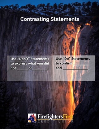 Contrasting Statements
8/21/16	 14	
Use	“Don’t”	Statements	
to	express	what	you	did	
not	______or________.	
Use	“Do”	Statements	
to	conﬁrm	________	
and	_____________.	
 