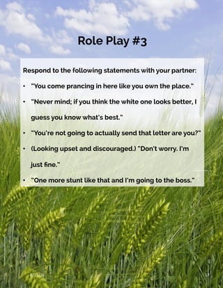 Role Play #3
8/21/16	 17	
Respond to the following statements with your partner:
•  “You come prancing in here like you own the place.”
•  “Never mind; if you think the white one looks better, I
guess you know what’s best.”
•  “You’re not going to actually send that letter are you?”
•  (Looking upset and discouraged.) “Don’t worry. I’m
just ﬁne.”
•  “One more stunt like that and I’m going to the boss.”
 