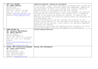 03 AVL List GesmbH
Hr. Abbas Kermani
A-8020 Graz
Hans-List-Platz 1
Tel.:+43 (0)316 787-609
Fax +43 (0)316 787-550
E-Mail abbas.kermani@avl.com
Website http://www.avl.com/
Combustion Engines / Measuring Instruments
AVL List GmbH - Power train Development and Engine Test Systems AVL
is the world’s largest privately owned and independent company for
the development of power train systems with internal combustion
engines as well as instrumentation and test systems.
Scope of business Development of Power train Systems: AVL develops
and improves all kinds of power train systems and is a competent
partner to the engine and automotive industry. In addition AVL
develops and markets the simulation methods which are necessary for
the development work.
Engine Instrumentation and Test Systems: The products of this
business area comprise all the instruments and systems required for
engine and vehicle testing. A main focus is on optimally adaptable
emissions test modules.
The network of affiliates and representatives throughout the world
ensures development, service, and support on a local basis.
04 BANK PRIVAT AG
Mr. Pantelis Makrandreou
Hr. Henry Owainati
A-1011 Vienna
Hohenstaufengasse 6
Tel.: +43 (0)1 53 7 40-46159
Fax +43 (0)1 53 7 40-49293
E-Mail
henry.owainati@bankprivat.com
Website
http://www.bankprivat.com
Private Banking Services
05 Hakom -EDV DienstleistungsgmbH
Mr. Gregor Breza-Früchtl
A-1190 Vienna
Hartaeckerstr. 116A
Tel: 0043-664-1432293
Fax: 0043-1-4782960
E-Mail: gregorbf@cso.net
Energy Data Management
 