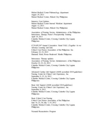 Makati Medical Center Pulmonology department
August 29, 2013
Makati Medical Center, Makati City Philippines
Intensive Care Updates
Makati Medical Center Internal Medicine department
August 12, 2013
Makati Medical Center, Makati City Philippines
Association of Nursing Service Administrators of the Philippines
Intravenous Therapy Nurse’s Preceptorship Training
April 19, 2013
Calamba Medical Center, Crossing Calamba City Laguna
Philippines
CCNAPI 58th Annual Convention: Stand TALL (Together As we
Advance Learning and Life)
Critical Care Nurses Association of the Philippines Inc.
February 22, 23, 2013
Diamond Hotel, Roxas Boulevard Manila Philippines
Intravenous Therapy updates
Association of Nursing Service Administrators of the Philippines
October 22, 23, 24. 2013
Calamba Medical Center, Crossing Calamba City Laguna
Philippines
Advanced Cardiac Life Support (ASHI accredited 2010 guidelines)
Nursing Center for Clinical Lab. Experience, Inc.
September 9, 15, 16, 2012
Calamba Medical Center, Crossing Calamba City Laguna
Philippines
Basic Life Support (ASHI accredited 2010 guidelines)
Nursing Center for Clinical Lab. Experience, Inc.
September 8, 2012
Calamba Medical Center, Crossing Calamba City Laguna
Philippines
Basic Critical Care Nursing
Critical Care Nurses Association of the Philippines
June 16, 23, 30, July 7, 14, 2012
Calamba Medical Center, Crossing Calamba City Laguna
Philippines
Neonatal Resuscitation Program
 