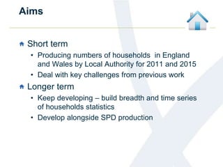 Aims
Short term
• Producing numbers of households in England
and Wales by Local Authority for 2011 and 2015
• Deal with key challenges from previous work
Longer term
• Keep developing – build breadth and time series
of households statistics
• Develop alongside SPD production
 