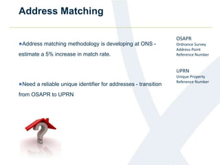 Address Matching
OSAPR
Ordnance Survey
Address-Point
Reference Number
UPRN
Unique Property
Reference Number
Address matching methodology is developing at ONS -
estimate a 5% increase in match rate.
Need a reliable unique identifier for addresses - transition
from OSAPR to UPRN
 