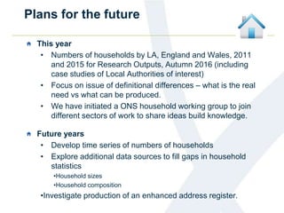Plans for the future
This year
• Numbers of households by LA, England and Wales, 2011
and 2015 for Research Outputs, Autumn 2016 (including
case studies of Local Authorities of interest)
• Focus on issue of definitional differences – what is the real
need vs what can be produced.
• We have initiated a ONS household working group to join
different sectors of work to share ideas build knowledge.
Future years
• Develop time series of numbers of households
• Explore additional data sources to fill gaps in household
statistics
•Household sizes
•Household composition
•Investigate production of an enhanced address register.
 