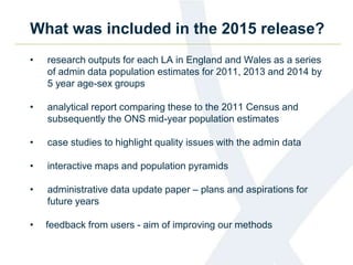 What was included in the 2015 release?
• research outputs for each LA in England and Wales as a series
of admin data population estimates for 2011, 2013 and 2014 by
5 year age-sex groups
• analytical report comparing these to the 2011 Census and
subsequently the ONS mid-year population estimates
• case studies to highlight quality issues with the admin data
• interactive maps and population pyramids
• administrative data update paper – plans and aspirations for
future years
• feedback from users - aim of improving our methods
 