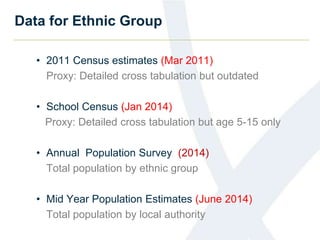 Data for Ethnic Group
• 2011 Census estimates (Mar 2011)
Proxy: Detailed cross tabulation but outdated
• School Census (Jan 2014)
Proxy: Detailed cross tabulation but age 5-15 only
• Annual Population Survey (2014)
Total population by ethnic group
• Mid Year Population Estimates (June 2014)
Total population by local authority
 