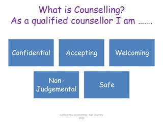 What is Counselling?
As a qualified counsellor I am …….
Confidential Accepting Welcoming
Non-
Judgemental
Safe
Confidential Counselling - Gail Churney
2015
 