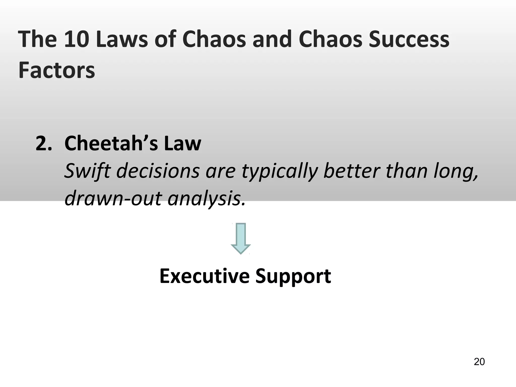 The 10 Laws of Chaos and Chaos Success
Factors
2. Cheetah’s Law
Swift decisions are typically better than long,
drawn-out analysis.
Executive Support
20
 