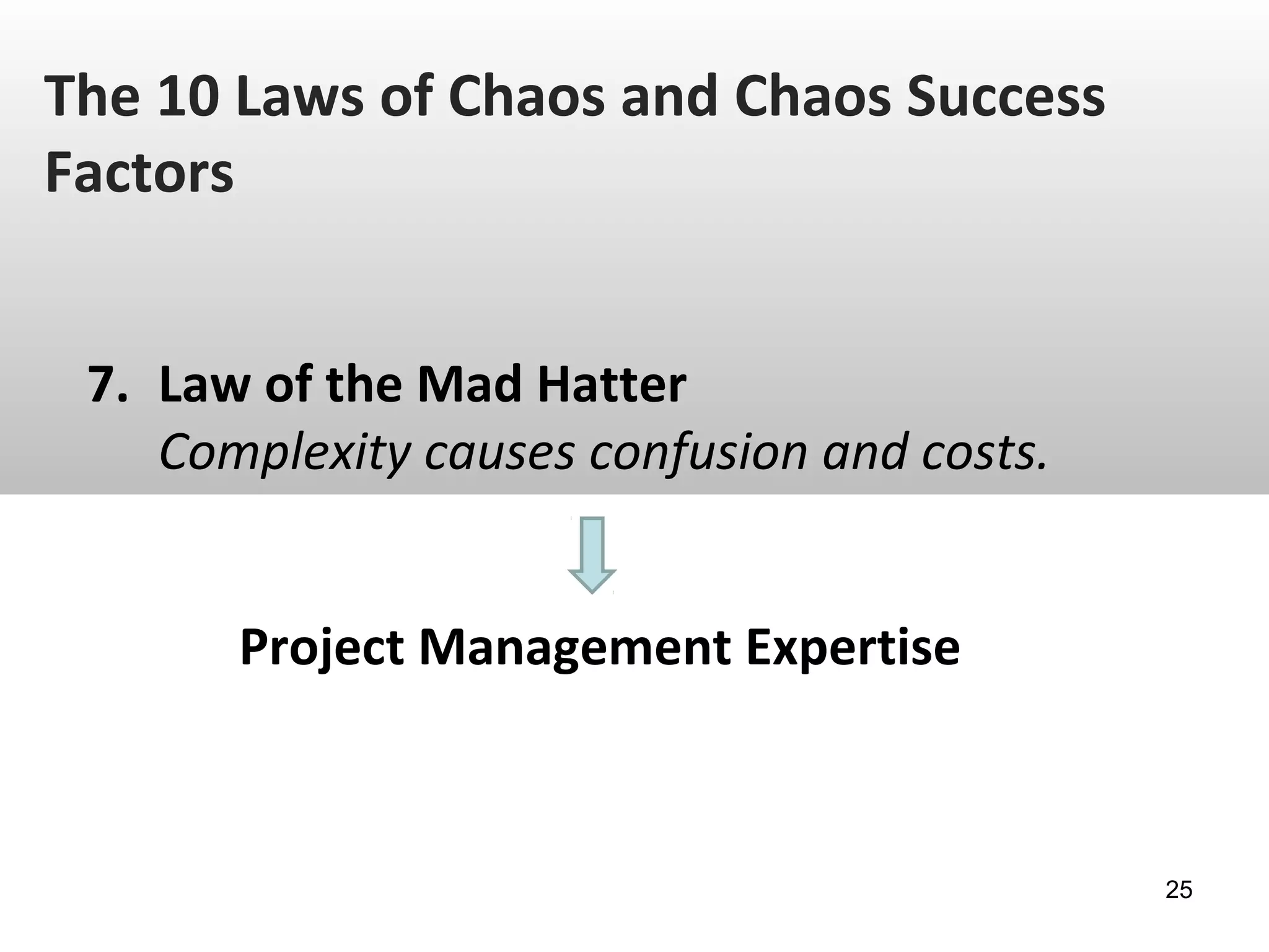 The 10 Laws of Chaos and Chaos Success
Factors
7. Law of the Mad Hatter
Complexity causes confusion and costs.
Project Management Expertise
25
 