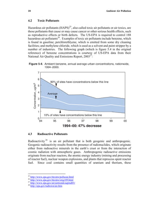 10 Ambient Air Pollution
4.2 Toxic Pollutants
Hazardous air pollutants (HAPS)25
, also called toxic air pollutants or air toxics, are
those pollutants that cause or may cause cancer or other serious health effects, such
as reproductive effects or birth defects. The US-EPA is required to control 188
hazardous air pollutants26
. Examples of toxic air pollutants include benzene, which
is found in gasoline; perchlorethlyene, which is emitted from some dry cleaning
facilities; and methylene chloride, which is used as a solvent and paint stripper by a
number of industries. The following graph (which is figure 5.4 in the original
reference) of benzene concentrations is courtesy of US-EPA data from their
National Air Quality and Emissions Report, 200327
:
4.3 Radioactive Pollutants
Radioactivity28
is an air pollutant that is both geogenic and anthropogenic.
Geogenic radioactivity results from the presence of radionuclides, which originate
either from radioactive minerals in the earth’s crust or from the interaction of
cosmic radiation with atmospheric gases. Anthropogenic radioactive emissions
originate from nuclear reactors, the atomic energy industry (mining and processing
of reactor fuel), nuclear weapon explosions, and plants that reprocess spent reactor
fuel. Since coal contains small quantities of uranium and thorium, these
25
http://www.epa.gov/ttn/atw/pollsour.html
26
http://www.epa.gov/ttn/atw/orig189.html
27
http://www.epa.gov/air/airtrends/aqtrnd03/
28
http://epa.gov/radtown/air.htm
 