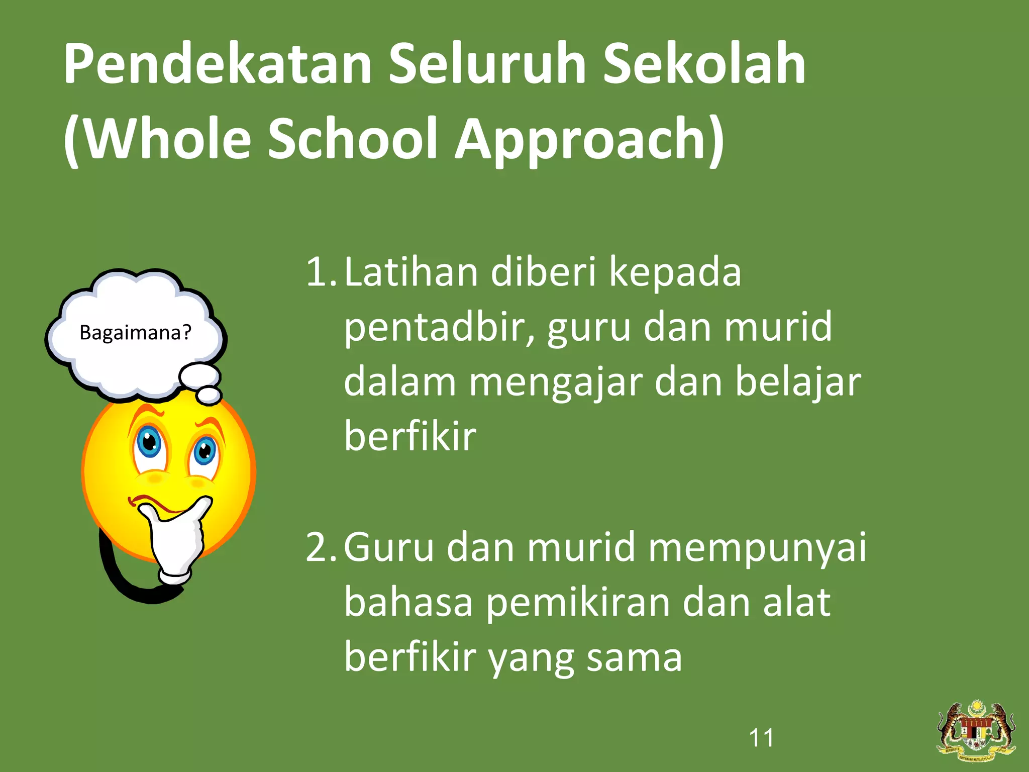 Pendekatan Seluruh Sekolah
(Whole School Approach)

             1.Latihan diberi kepada
Bagaimana?     pentadbir, guru dan murid
               dalam mengajar dan belajar
               berfikir

             2.Guru dan murid mempunyai
               bahasa pemikiran dan alat
               berfikir yang sama
                                   11
 