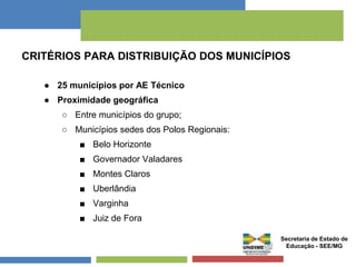 CRITÉRIOS PARA DISTRIBUIÇÃO DOS MUNICÍPIOS 
● 25 municípios por AE Técnico 
● Proximidade geográfica 
○ Entre municípios do grupo; 
○ Municípios sedes dos Polos Regionais: 
■ Belo Horizonte 
■ Governador Valadares 
■ Montes Claros 
■ Uberlândia 
■ Varginha 
■ Juiz de Fora 
Secretaria de Estado de 
Educação - SEE/MG 
 