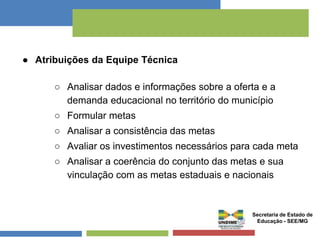 ● Atribuições da Equipe Técnica 
○ Analisar dados e informações sobre a oferta e a 
demanda educacional no território do município 
○ Formular metas 
○ Analisar a consistência das metas 
○ Avaliar os investimentos necessários para cada meta 
○ Analisar a coerência do conjunto das metas e sua 
vinculação com as metas estaduais e nacionais 
Secretaria de Estado de 
Educação - SEE/MG 
 