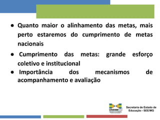 ● Quanto maior o alinhamento das metas, mais 
perto estaremos do cumprimento de metas 
nacionais 
● Cumprimento das metas: grande esforço 
coletivo e institucional 
● Importância dos mecanismos de 
acompanhamento e avaliação 
Secretaria de Estado de 
Educação - SEE/MG 
 