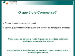 Compra e venda por meio da internet  Solução que permite minimizar custos com redução de transações e processos O que é o e-Commerce? Com a globalização da internet, as empresas podem alcançar novos mercados pelo mundo Os negócios de compra e venda de produtos e serviços podem ser totalmente acessíveis pela internet 