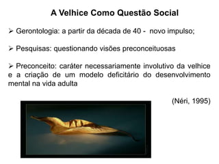 A Velhice Como Questão Social
 Gerontologia: a partir da década de 40 - novo impulso;
 Pesquisas: questionando visões preconceituosas
 Preconceito: caráter necessariamente involutivo da velhice
e a criação de um modelo deficitário do desenvolvimento
mental na vida adulta
(Néri, 1995)
 