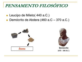 PENSAMENTO FILOSÓFICO
 Leucipo de Mileto( 440 a.C.)
 Demócrito de Abdera (460 a.C – 370 a.C.)
 
