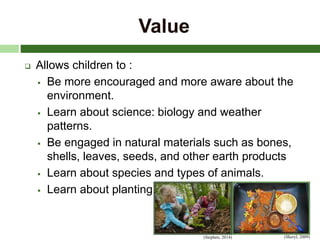 Value
 Allows children to :
 Be more encouraged and more aware about the
environment.
 Learn about science: biology and weather
patterns.
 Be engaged in natural materials such as bones,
shells, leaves, seeds, and other earth products
 Learn about species and types of animals.
 Learn about planting.
(Stephen, 2014) (Sheryl, 2009)
 