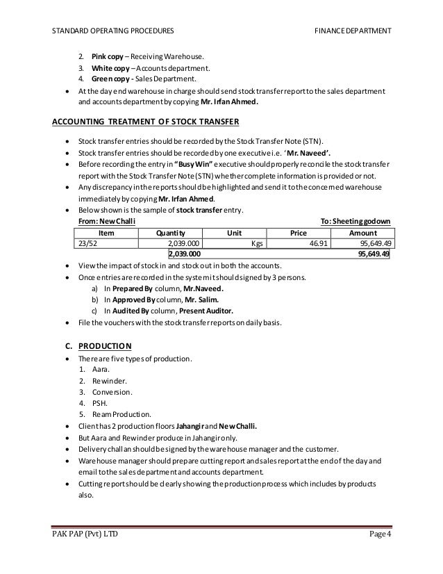 SOPs of Finance Dept