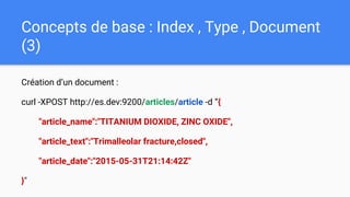 Concepts de base : Index , Type , Document
(3)
Création d’un document :
curl -XPOST http://es.dev:9200/articles/article -d “{
"article_name":"TITANIUM DIOXIDE, ZINC OXIDE",
"article_text":"Trimalleolar fracture,closed",
"article_date":"2015-05-31T21:14:42Z"
}"
 