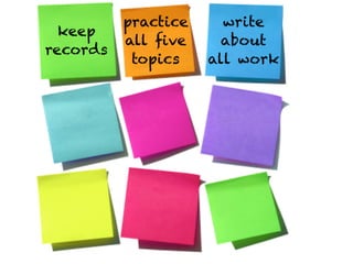 practice     write
  keep
          all ﬁve      about
records
           topics    all work




              Text
 