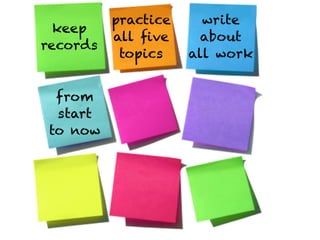 practice     write
  keep
          all ﬁve      about
records
           topics    all work


  from
  start       Text
 to now
 