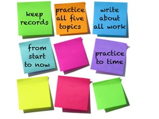 practice     write
  keep
          all ﬁve      about
records
           topics    all work


  from
  start             ...