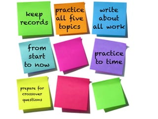 practice     write
  keep
              all ﬁve      about
records
               topics    all work


  from
  start                  practice
                  Text   to time
 to now


prepare for
crossover
questions
 