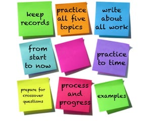 practice     write
  keep
              all ﬁve      about
records
               topics    all work


  from
  start                  practice
                  Text   to time
 to now

              process
prepare for
crossover       and      examples
questions     progress
 