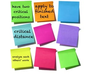 have two       apply to
 critical      ﬁnished
positions        text


critical
distance           Text



analyse each
others’ work
 