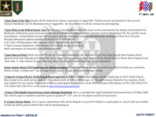 1ST ABCT, 1ID
America’s First– DEVILS! DUTY FIRST!
7 June Taste of the Ville: Sample all the foods from various restaurants in Aggieville! Tickets must be purchased for this event at
Varney’s Bookstore 623 N. Manhattan Ave in Aggieville. See flyer below for all the restaurants participating.
7 June Wine in the Wild at Sunset Zoo: An evening to benefit Sunset Zoo. This year's event, presented by the family of Jeremiah & D.C.
Hackerott, will feature great wine personally selected by Nespor's Wine & Spirits, fantastic food by Manhattan's Hy-Vee and live music
from Muzizi. Dental Health Group's VIP reception will also highlight a unique celebration; the unveiling of Phase II of the John
Woodard Memorial Gibbons Exhibit. SCHEDULE & TICKET PRICES:
5:30-7pm • VIP Reception • $80 Advance • $100 Day of Event, If Available
7-9pm • General Admission • $45 Advance • $55 Day of Event, If Available
More information at SunsetZoo.com/WineintheWild
7 June Paws on Point: 08:00 am to 01:00 pm 301 Houston, Manhattan, KS, And don’t forget the Drag Dogs & Divas Fashion Show
sponsored by Gaia Salonspa just before the races. There will be prizes for: Male Best-in-Show, Female Best-in-Show, Most Original Look
Best Look- A- Like (Owner & dog), Diva Dog, Rock Star Dog See attached flyer for more information.
8 June Sesame Street/USO Experience for Military Families: Tickets available at Leisure Travel Services (limit 6 tickets per customer),
Shows at 2pm, 4:30pm and 7 pm at Long Fitness Center. Go get your tickets starting 19 May.
13 June & 14 June F.R.O.G. Youth Trap & Skeet Camp 2014: Ft Riley Outdoorsmen Group will be conducting its 2014 Youth Trap &
Skeet Camp in six small-group sessions. Dependant youth of active military ages 12-16, each sessions limited to five students, Youth
may register for one session, This camp is FREE to participants, Registration is now OPEN. Contact Ollie Hunter at 785-239-2032/913-
775-2760/785-320-6731 or by email at oliver.h.hunter@us.army.mil
13 June CYSS Middle School & Teen Center Midnight Basketball: this is a monthly late night basketball tournament held at FT Riley MST.
The event is open to members and their guest in grades 6th-12th. Cost: $1 for players and $2 for spectators.
9-13 June Victory Week: Lots of great competitions with all the Brigade’s on post for Soldier’s to participate in. Check with your Soldier
to find out all the great activities they will be participating in.
 