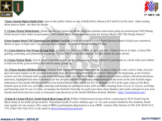 1ST ABCT, 1ID
America’s First– DEVILS! DUTY FIRST!
7 June Comedy Night at Rally Point: open to the public tickets on sale at Rally Point; Advance $10 and $12 at the door. Open seating
show starts at 8pm. See flyer for details
7-13 June Victory Week Events: Check out the flyer below for all the great fun activities and events going on around post: USO Fishing
Derby (need to have ticket to participate), USO Sesame Street Event, Sporting events for Victory Week, USO “No Dough Dinner”.
8 June Sesame Street/USO Experience for Military Families: Tickets available at Leisure Travel Services (limit 6 tickets per customer),
Shows at 2pm, 4:30pm and 7 pm at Long Fitness Center. Go get your tickets starting 19 May
9-11 June Salute to Our Troops @ Long Field: presented by playstation-FREE all ages welcome. 9 June-Concert @ 8pm, 10 June PS4
gaming, contesting, and playstation giveaways, 11 June PS4 Gaming Tournament. See flyer below for more details.
9-13 June Victory Week: Lots of great competitions with all the Brigade’s on post for Soldier’s to participate in. Check with your Soldier
to find out all the great activities they will be participating in.
12-15 June Smokey Hill River Festival: Oakdale Park, Salina, KS-Festival Gates open on 12 June at 6pm. so come early to stake out your
spot and enjoy supper on the grounds from more than 30 outstanding Festival food vendors. That's just the beginning, as the Festival
evolves over the weekend with special events including a fun run, Big Band Dance, children's art activities, artisan craft demonstrations
and more, highlighted by time to browse each fine art and craft booth and enjoy entertainment on the hour on the four Festival stages.
Admission to the Smoky Hill River Festival is by Festival Button only, which are $10 in advance or $15 at the Gate. Gates of the River
Festival open at 9:30 a.m. on Friday, Saturday and Sunday for patrons to enter, with activities running from 10 a.m. to 10 p.m. on Friday
and Saturday and 10 a.m. to 5 p.m. on Sunday, the Festival's final day. So, grab your lawn chair, blanket, and cooler and plan to join your
friends and loved ones for a time of relaxation and discovery at the Smoky Hill River Festival. Website: http://riverfestival.com/
13 June & 14 June F.R.O.G. Youth Trap & Skeet Camp 2014: Ft Riley Outdoorsmen Group will be conducting its 2014 Youth Trap &
Skeet Camp in six small-group sessions. Dependant youth of active military ages 12-16, each sessions limited to five students, Youth
may register for one session, This camp is FREE to participants, Registration is now OPEN. Contact Ollie Hunter at 785-239-2032/913-
775-2760/785-320-6731 or by email at oliver.h.hunter@us.army.mil
 