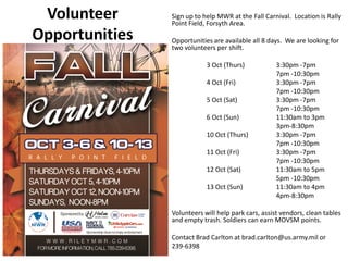 Sign up to help MWR at the Fall Carnival. Location is Rally
Point Field, Forsyth Area.
Opportunities are available all 8 days. We are looking for
two volunteers per shift.
3 Oct (Thurs) 3:30pm -7pm
7pm -10:30pm
4 Oct (Fri) 3:30pm -7pm
7pm -10:30pm
5 Oct (Sat) 3:30pm -7pm
7pm -10:30pm
6 Oct (Sun) 11:30am to 3pm
3pm-8:30pm
10 Oct (Thurs) 3:30pm -7pm
7pm -10:30pm
11 Oct (Fri) 3:30pm -7pm
7pm -10:30pm
12 Oct (Sat) 11:30am to 5pm
5pm -10:30pm
13 Oct (Sun) 11:30am to 4pm
4pm-8:30pm
Volunteers will help park cars, assist vendors, clean tables
and empty trash. Soldiers can earn MOVSM points.
Contact Brad Carlton at brad.carlton@us.army.mil or
239-6398
Volunteer
Opportunities
 