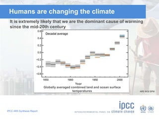 IPCC AR5 Synthesis Report
Year
Globally averaged combined land and ocean surface
temperatures
It is extremely likely that we are the dominant cause of warming
since the mid-20th century
AR5 WGI SPM
Humans are changing the climate
 