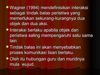 Wagner (1994) mendefinisikan interaksiWagner (1994) mendefinisikan interaksi
sebagai tindak balas peristiwa yangsebagai tindak balas peristiwa yang
memerlukan sekurang-kurangnya duamemerlukan sekurang-kurangnya dua
objek dan dua aksi.objek dan dua aksi.
Interaksi berlaku apabila objek danInteraksi berlaku apabila objek dan
peristiwa saling mempengaruhi satu samaperistiwa saling mempengaruhi satu sama
lainlain
Tindak balas ini akan menyebabkanTindak balas ini akan menyebabkan
proses komunikasi lisan berlaku.proses komunikasi lisan berlaku.
Oleh itu hubungan guru dan muridnyaOleh itu hubungan guru dan muridnya
mula wujud.mula wujud.
 