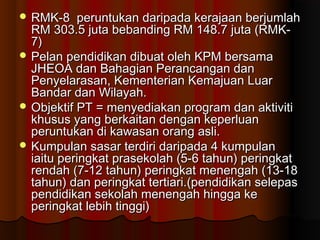  RMK-8 peruntukan daripada kerajaan berjumlahRMK-8 peruntukan daripada kerajaan berjumlah
RM 303.5 juta bebanding RM 148.7 juta (RMK-RM 303.5 juta bebanding RM 148.7 juta (RMK-
7)7)
 Pelan pendidikan dibuat oleh KPM bersamaPelan pendidikan dibuat oleh KPM bersama
JHEOA dan Bahagian Perancangan danJHEOA dan Bahagian Perancangan dan
Penyelarasan, Kementerian Kemajuan LuarPenyelarasan, Kementerian Kemajuan Luar
Bandar dan Wilayah.Bandar dan Wilayah.
 Objektif PT = menyediakan program dan aktivitiObjektif PT = menyediakan program dan aktiviti
khusus yang berkaitan dengan keperluankhusus yang berkaitan dengan keperluan
peruntukan di kawasan orang asli.peruntukan di kawasan orang asli.
 Kumpulan sasar terdiri daripada 4 kumpulanKumpulan sasar terdiri daripada 4 kumpulan
iaitu peringkat prasekolah (5-6 tahun) peringkatiaitu peringkat prasekolah (5-6 tahun) peringkat
rendah (7-12 tahun) peringkat menengah (13-18rendah (7-12 tahun) peringkat menengah (13-18
tahun) dan peringkat tertiari.(pendidikan selepastahun) dan peringkat tertiari.(pendidikan selepas
pendidikan sekolah menengah hingga kependidikan sekolah menengah hingga ke
peringkat lebih tinggi)peringkat lebih tinggi)
 