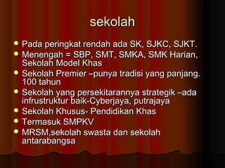 sekolahsekolah
 Pada peringkat rendah ada SK, SJKC, SJKT.Pada peringkat rendah ada SK, SJKC, SJKT.
 Menengah = SBP, SMT, SMKA, SMK Harian,Menengah = SBP, SMT, SMKA, SMK Harian,
Sekolah Model KhasSekolah Model Khas
 Sekolah Premier –punya tradisi yang panjang.Sekolah Premier –punya tradisi yang panjang.
100 tahun100 tahun
 Sekolah yang persekitarannya strategik –adaSekolah yang persekitarannya strategik –ada
infrustruktur baik-Cyberjaya, putrajayainfrustruktur baik-Cyberjaya, putrajaya
 Sekolah Khusus- Pendidikan KhasSekolah Khusus- Pendidikan Khas
 Termasuk SMPKVTermasuk SMPKV
 MRSM,sekolah swasta dan sekolahMRSM,sekolah swasta dan sekolah
antarabangsaantarabangsa
 