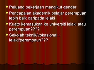 Peluang pekerjaan mengikut genderPeluang pekerjaan mengikut gender
Pencapaian akademik pelajar perempuanPencapaian akademik pelajar perempuan
lebih baik daripada lelakilebih baik daripada lelaki
Kuato kemasukan ke universiti lelaki atauKuato kemasukan ke universiti lelaki atau
perempuan????perempuan????
Sekolah teknik/vokasional :Sekolah teknik/vokasional :
lelaki/perempaun???lelaki/perempaun???
 