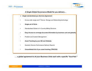 TRT – Processes
A Single Global Governance Model for you delivers....
 Single standardized you Services Agreement
• Across wide range and IT Server, Storage and Networking technology
• Single set of SLAs
• Standardized Global or In Country Billing Structure.
• Easy Access to coverage Accurate Information by business unit and globally.
• Problem and Incident Management
• Asset Tracking by your BU and Globally
• Quarterly Service Performance Delivery Reports
• Consolidated list of you asset tracking (TRACSS)
…..a global agreement to all your Business Units each with a specific “local feel.”
 