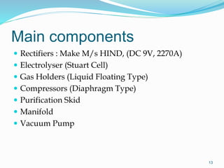 Main components
 Rectifiers : Make M/s HIND, (DC 9V, 2270A)
 Electrolyser (Stuart Cell)
 Gas Holders (Liquid Floating Type)
 Compressors (Diaphragm Type)
 Purification Skid
 Manifold
 Vacuum Pump
13
 