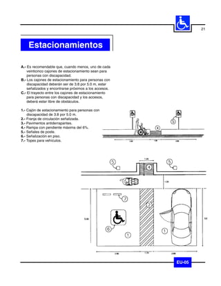 21



    Estacionamientos

A.- Es recomendable que, cuando menos, uno de cada
    veinticinco cajones de estacionamiento sean para
    personas con discapacidad.
B.- Los cajones de estacionamiento para personas con
    discapacidad deberán ser de 3.8 por 5.0 m, estar
    señalizados y encontrarse próximos a los accesos.
C.- El trayecto entre los cajones de estacionamiento
    para personas con discapacidad y los accesos,
    deberá estar libre de obstáculos.

1.- Cajón de estacionamiento para personas con
    discapacidad de 3.8 por 5.0 m.
2.- Franja de circulación señalizada.
3.- Pavimentos antiderrapantes.
4.- Rampa con pendiente máxima del 6%.
5.- Señales de poste.
6.- Señalización en piso.
7.- Topes para vehículos.




                                                        EU-05
 