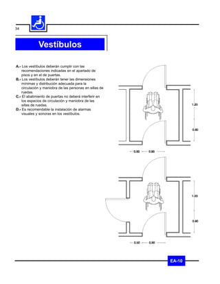 34



              Vestíbulos

A.- Los vestíbulos deberán cumplir con las
    recomendaciones indicadas en el apartado de
    pisos y en el de puertas.
B.- Los vestíbulos deberán tener las dimensiones
    mínimas y distribución adecuada para la
    circulación y maniobra de las personas en sillas de
    ruedas.
C.- El abatimiento de puertas no deberá interferir en
    los espacios de circulación y maniobra de las
    sillas de ruedas.
D.- Es recomendable la instalación de alarmas
    visuales y sonoras en los vestíbulos.




                                                          EA-10
 