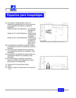 40



     Espacios para hospedajes

A.- Los hoteles y moteles deberán contar con
    habitaciones accesibles para su uso por personas
    con discapacidad, de acuerdo a la siguiente
    dosificación:
    Hoteles de hasta 100 habitaciones: una habitación
                                         accesible por
                                         cada 25.
    Hoteles de 101 a 200 habitaciones: cuando menos
                                         5 habitaciones
                                         accesibles.
    Hoteles de 201 ó más habitaciones: cuando menos
                                         una habitación
                                         accesible por
                                         cada 100 y no
                                         menos de 6.
B.- Las habitaciones accesibles se deberán localizar
    en planta baja o próximas a elevadores y áreas de
    resguardo.
C.- Las rutas hacia las habitaciones para personas
    con discapacidad, deberán ser accesibles y estar
    señalizadas.
D.- Los baños en las habitaciones para personas con
    discapacidad, deberán ser accesibles y estar
    adecuados.
E.- Es recomendable la instalación de alarmas
    sonoras y visuales en las habitaciones y baños
    para personas con discapacidad.

1.- Puerta de 0.9 m de claro libre mínimo.
2.- Cama.
3.- Armario o ropero con alturas de uso no mayores a
    1.2 m.




                                                          EA-14
 