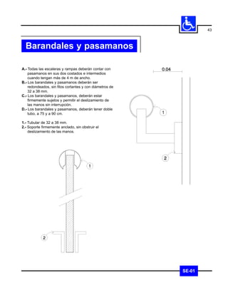 43



  Barandales y pasamanos

A.- Todas las escaleras y rampas deberán contar con
    pasamanos en sus dos costados e intermedios
    cuando tengan más de 4 m de ancho.
B.- Los barandales y pasamanos deberán ser
    redondeados, sin filos cortantes y con diámetros de
    32 a 38 mm.
C.- Los barandales y pasamanos, deberán estar
    firmemente sujetos y permitir el deslizamiento de
    las manos sin interrupción.
D.- Los barandales y pasamanos, deberán tener doble
    tubo, a 75 y a 90 cm.

1.- Tubular de 32 a 38 mm.
2.- Soporte firmemente anclado, sin obstruir el
    deslizamiento de las manos.




                                                          SE-01
 