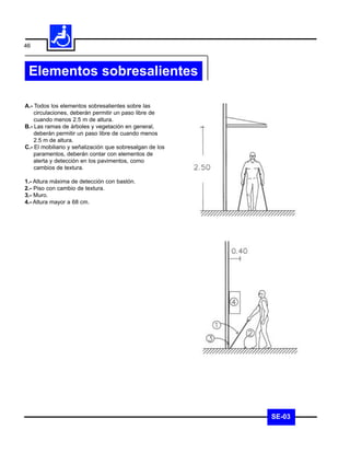 46



 Elementos sobresalientes

A.- Todos los elementos sobresalientes sobre las
    circulaciones, deberán permitir un paso libre de
    cuando menos 2.5 m de altura.
B.- Las ramas de árboles y vegetación en general,
    deberán permitir un paso libre de cuando menos
    2.5 m de altura.
C.- El mobiliario y señalización que sobresalgan de los
    paramentos, deberán contar con elementos de
    alerta y detección en los pavimentos, como
    cambios de textura.

1.- Altura máxima de detección con bastón.
2.- Piso con cambio de textura.
3.- Muro.
4.- Altura mayor a 68 cm.




                                                          SE-03
 