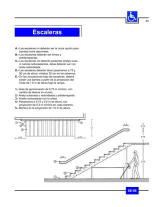 49



              Escaleras

A.- Las escaleras no deberán ser la única opción para
    transitar entre desniveles.
B.- Los escalones deberán ser firmes y
    antiderrapantes.
C.- Los escalones no deberán presentar aristas vivas,
    ni narices sobresalientes, éstas deberán ser con
    arista redondeada.
D.- Las escaleras deberán tener pasamanos a 75 y
    90 cm de altura, volados 30 cm en los extremos.
E.- En las circulaciones bajo las escaleras, deberá
    existir una barrera a partir de la proyección del
    límite de 1.9 m de altura bajo la rampa.

1.- Área de aproximación de 0.75 m mínimo, con
    cambio de textura en el piso.
2.- Arista ochavada o redondeada y antiderrapante.
3.- Huella contrastante con la arista.
4.- Pasamanos a 0.75 y 0.9 m de altura, con
    proyección de 0.3 m mínimo en cada extremo.
5.- Barrera en la proyección de 1.9 m de altura.




                                                        SE-06
 