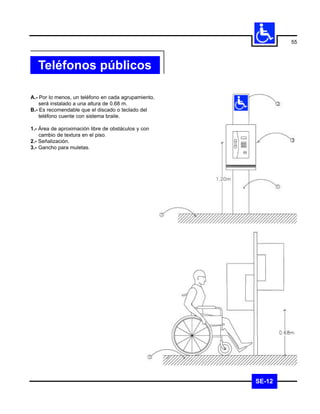 55



   Teléfonos públicos

A.- Por lo menos, un teléfono en cada agrupamiento,
    será instalado a una altura de 0.68 m.
B.- Es recomendable que el discado o teclado del
    teléfono cuente con sistema braile.

1.- Área de aproximación libre de obstáculos y con
    cambio de textura en el piso.
2.- Señalización.
3.- Gancho para muletas.




                                                      SE-12
 