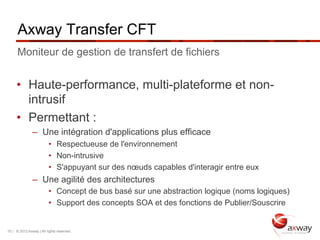 Axway Transfer CFT
      Moniteur de gestion de transfert de fichiers


     •  Haute-performance, multi-plateforme et non-
        intrusif
     •  Permettant :
               –  Une intégration d'applications plus efficace
                         •  Respectueuse de l'environnement
                         •  Non-intrusive
                         •  S'appuyant sur des nœuds capables d'interagir entre eux
               –  Une agilité des architectures
                         •  Concept de bus basé sur une abstraction logique (noms logiques)
                         •  Support des concepts SOA et des fonctions de Publier/Souscrire


10 | © 2012 Axway | All rights reserved.
 