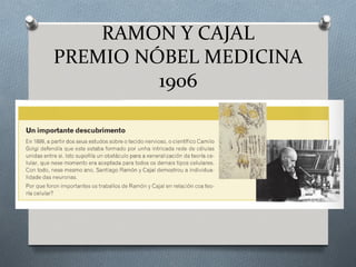 RAMON Y CAJAL
PREMIO NÓBEL MEDICINA
1906
 